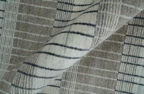 Modern 8x10 Hand Made Stripes Ivory and Brown Wool Flatwoven Area Rug