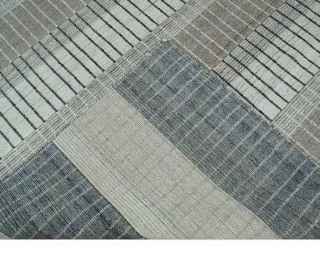 Modern 8x10 Hand Made Stripes Ivory and Brown Wool Flatwoven Area Rug