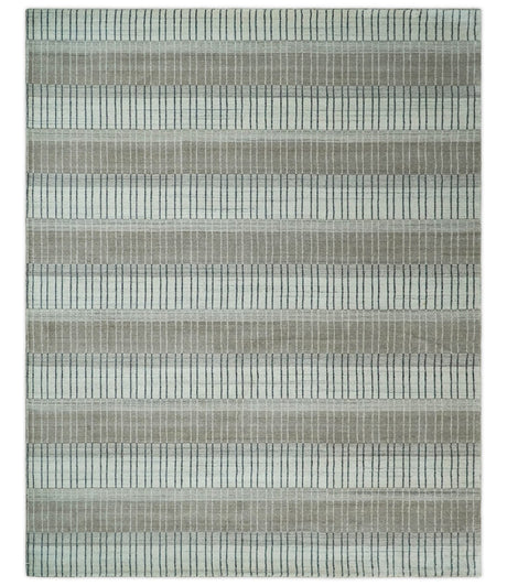 Modern 8x10 Hand Made Stripes Ivory and Brown Wool Flatwoven Area Rug