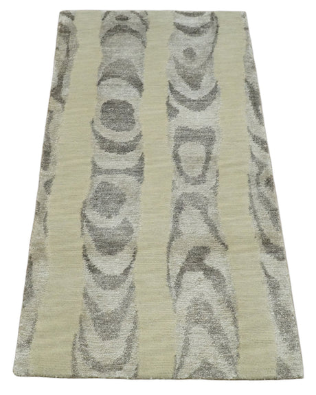 Modern Abstract 2x3 Beige and Gray Hand Knotted Wool and Silk Area Rug