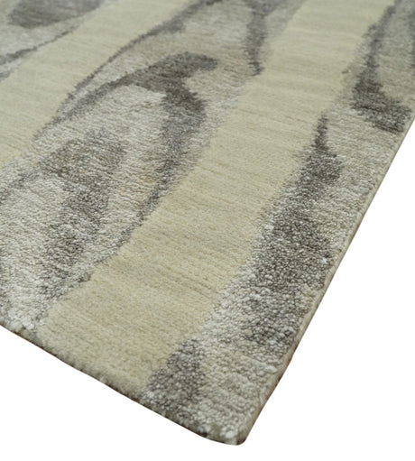Modern Abstract 2x3 Beige and Gray Hand Knotted Wool and Silk Area Rug