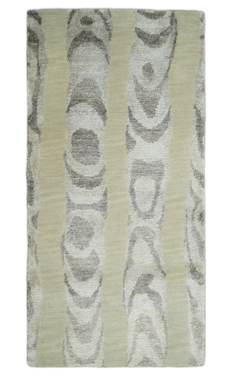 Modern Abstract 2x3 Beige and Gray Hand Knotted Wool and Silk Area Rug
