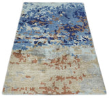 Modern Abstract 2x3 Blue And beige Bamboo Silk Hand Knotted Area Rug