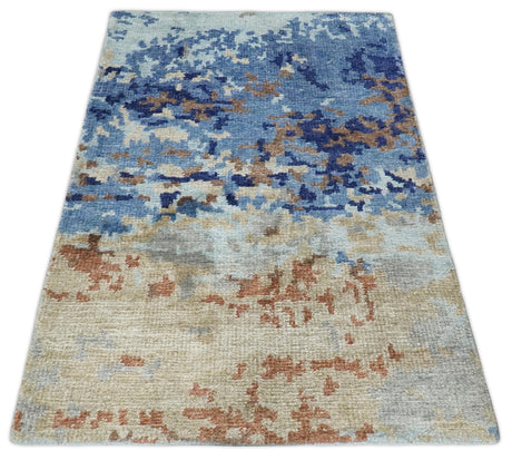 Modern Abstract 2x3 Blue And beige Bamboo Silk Hand Knotted Area Rug