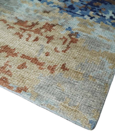 Modern Abstract 2x3 Blue And beige Bamboo Silk Hand Knotted Area Rug