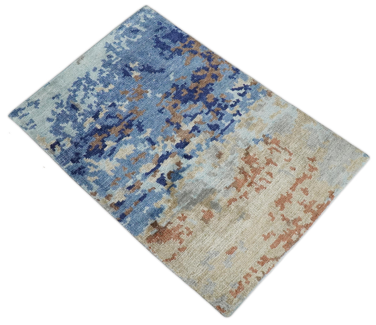 Modern Abstract 2x3 Blue And beige Bamboo Silk Hand Knotted Area Rug