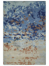 Modern Abstract 2x3 Blue And beige Bamboo Silk Hand Knotted Area Rug