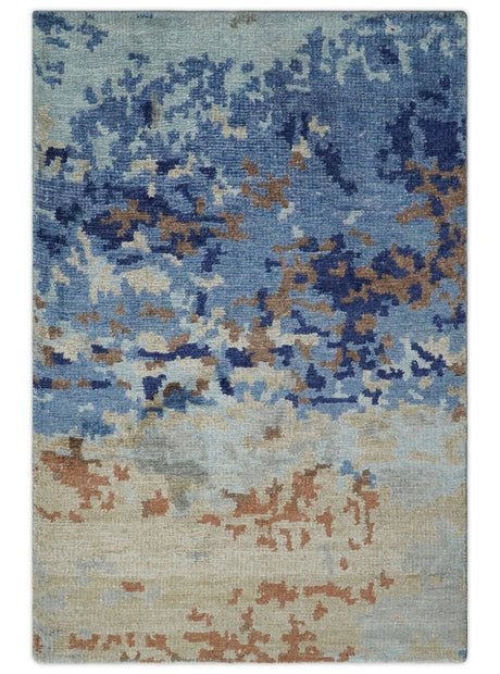 Modern Abstract 2x3 Blue And beige Bamboo Silk Hand Knotted Area Rug