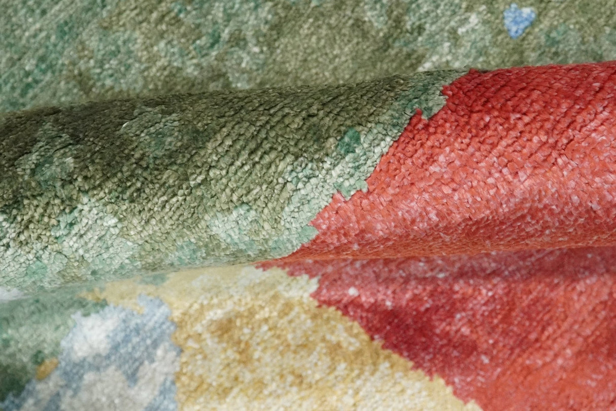 Modern Abstract 2x4 Blue, Red and Gold Hand Knotted bamboo silk Area Rug