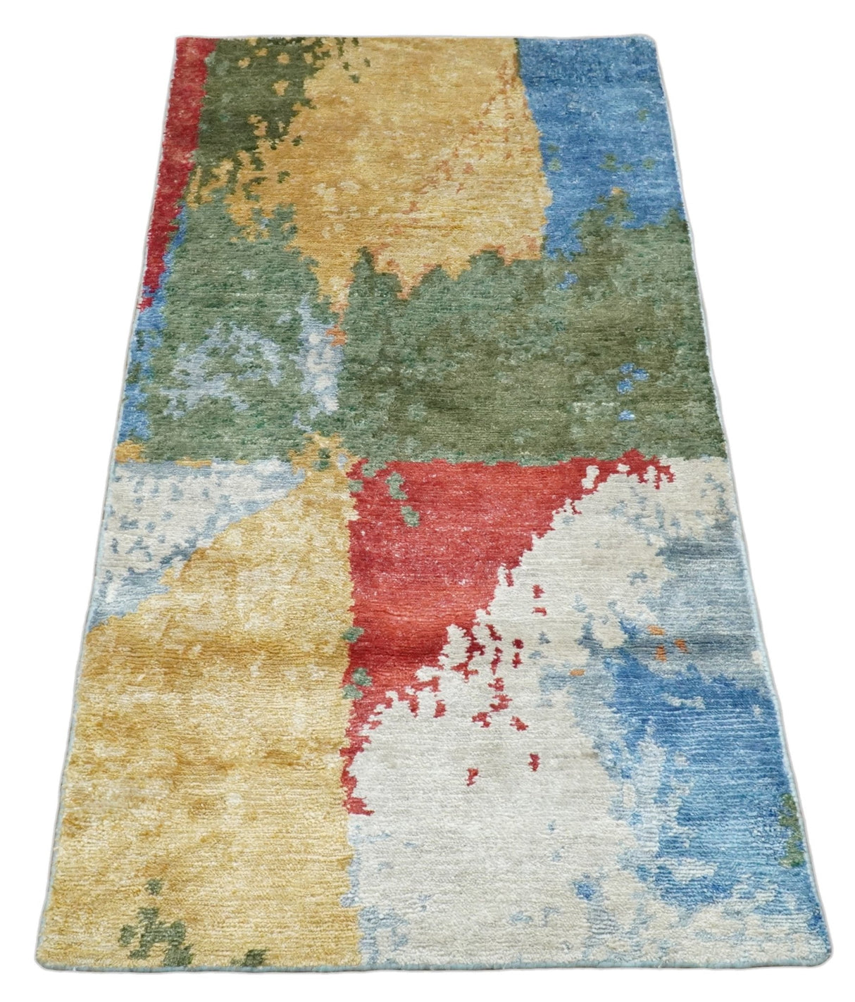 Modern Abstract 2x4 Blue, Red and Gold Hand Knotted bamboo silk Area Rug