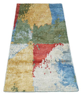 Modern Abstract 2x4 Blue, Red and Gold Hand Knotted bamboo silk Area Rug