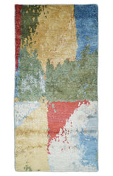 Modern Abstract 2x4 Blue, Red and Gold Hand Knotted bamboo silk Area Rug