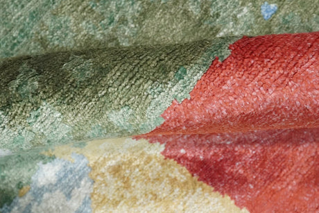 Modern Abstract 2x4 Blue, Red and Gold Hand Knotted Entryway bamboo silk Area Rug | TRD3152224-Area Rug-Parc Decor