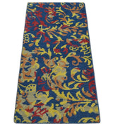 Modern Abstract 2x4 Blue, Red and Gold Hand Knotted Entryway Wool Area Rug