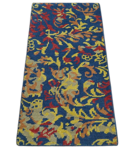 Modern Abstract 2x4 Blue, Red and Gold Hand Knotted Entryway Wool Area Rug