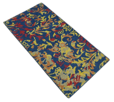 Modern Abstract 2x4 Blue, Red and Gold Hand Knotted Entryway Wool Area Rug | TRD3379124-Area Rug-Parc Decor