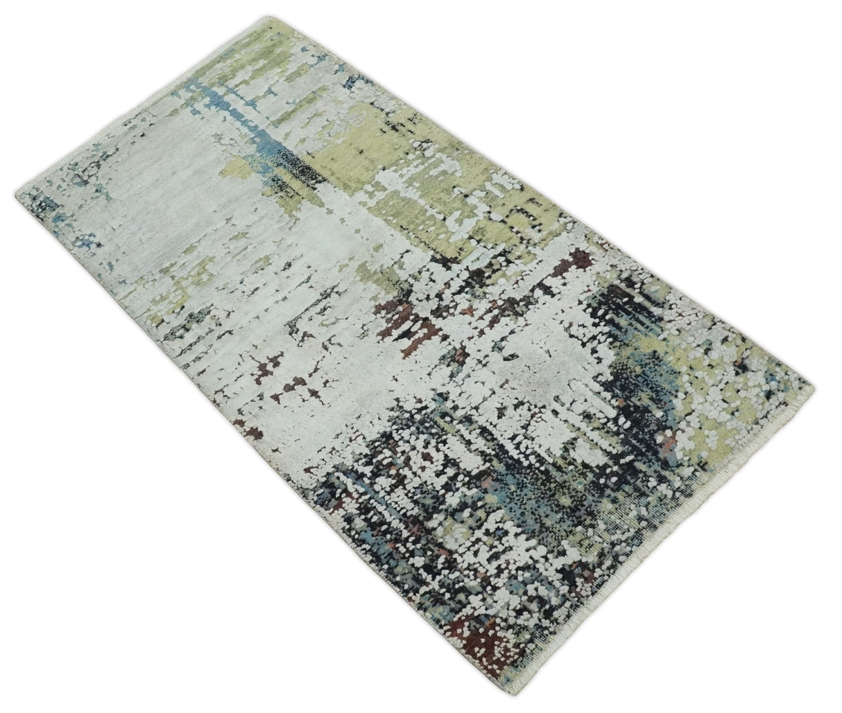 Modern Abstract 2x4 High Low Ivory and Olive Real Silk and Wool Rug