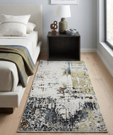 Modern Abstract 2x4 High Low Ivory and Olive Real Silk and Wool Rug