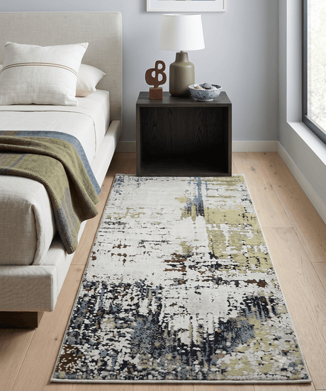 Modern Abstract 2x4 High Low Ivory and Olive Real Silk and Wool Rug