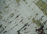 Modern Abstract 2x4 High Low Ivory and Olive Real Silk and Wool Rug