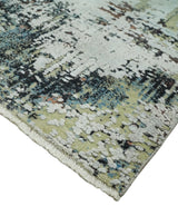 Modern Abstract 2x4 High Low Ivory and Olive Real Silk and Wool Rug