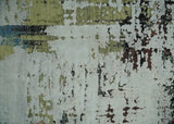 Modern Abstract 2x4 High Low Ivory and Olive Real Silk and Wool Rug
