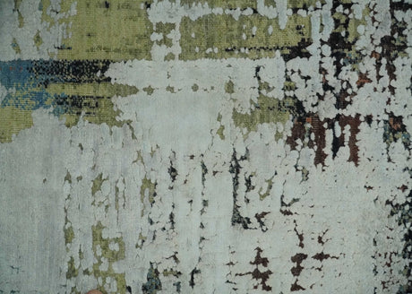 Modern Abstract 2x4 High Low Ivory and Olive Real Silk and Wool Rug