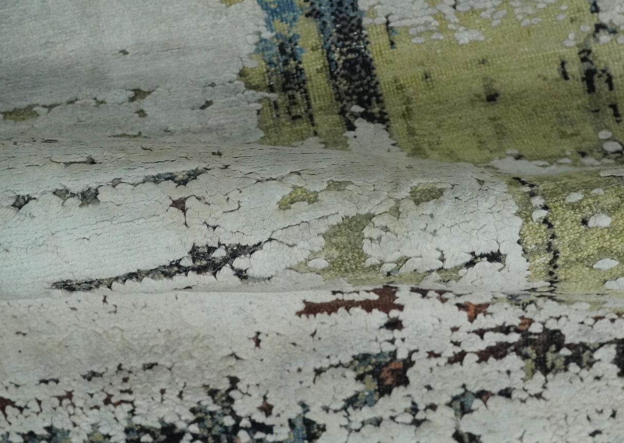 Modern Abstract 2x4 High Low Ivory and Olive Real Silk and Wool Rug