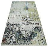 Modern Abstract 2x4 High Low Ivory and Olive Real Silk and Wool Rug