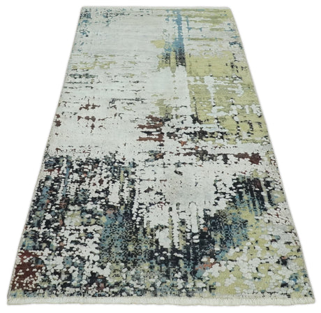 Modern Abstract 2x4 High Low Ivory and Olive Real Silk and Wool Rug