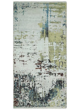 Modern Abstract 2x4 High Low Ivory and Olive Real Silk and Wool Rug
