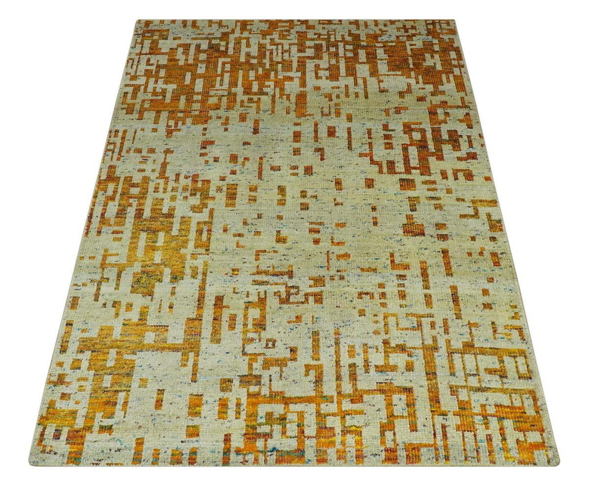 Modern Abstract 5x7 Gold and Beige Recycled Art Silk Area Rug-Area Rug-Parc Decor