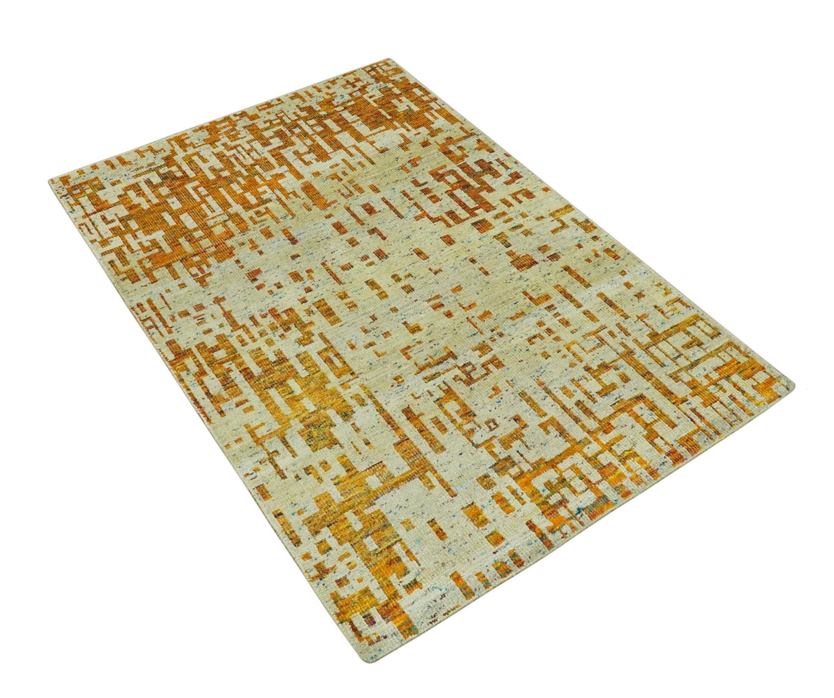 Modern Abstract 5x7 Gold and Beige Recycled Art Silk Area Rug-Area Rug-Parc Decor