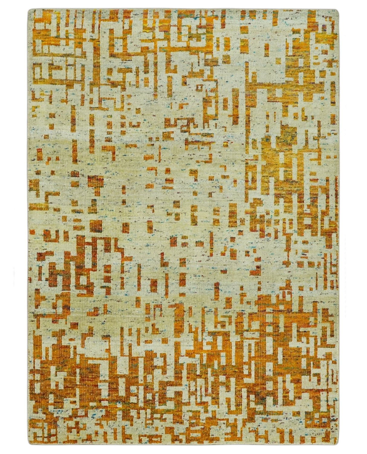 Modern Abstract 5x7 Gold and Beige Recycled Art Silk Area Rug-Area Rug-Parc Decor