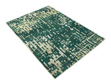 Modern Abstract 5x7.6 Hand Knotted Green and Beige Contemporary Recycled Silk Rug