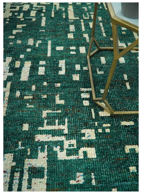 Modern Abstract 5x7.6 Hand Knotted Green and Beige Contemporary Recycled Silk Rug