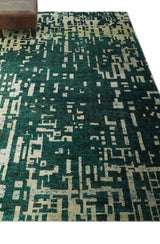 Modern Abstract 5x7.6 Hand Knotted Green and Beige Contemporary Recycled Silk Rug