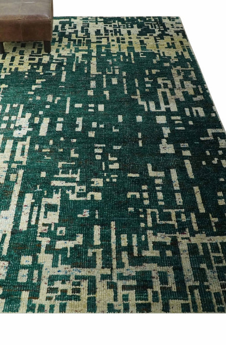 Modern Abstract 5x7.6 Hand Knotted Green and Beige Contemporary Recycled Silk Rug