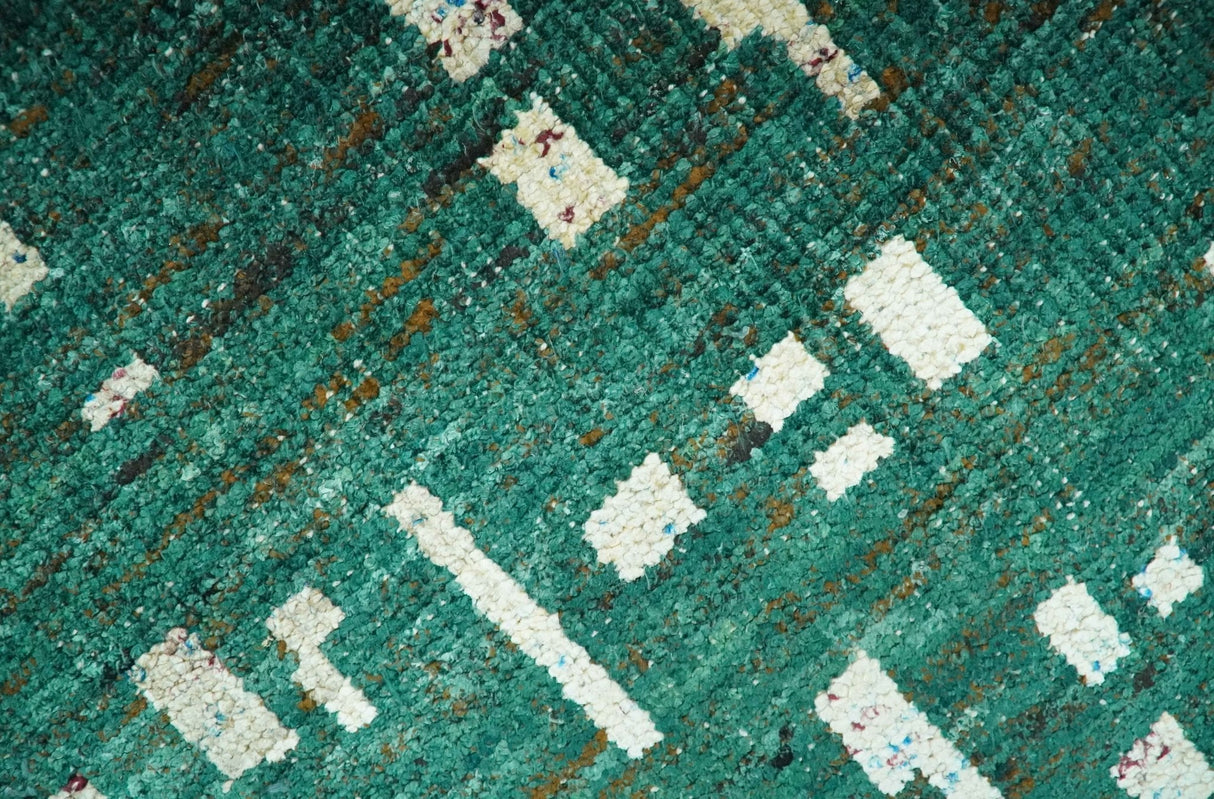 Modern Abstract 5x7.6 Hand Knotted Green and Beige Contemporary Recycled Silk Rug