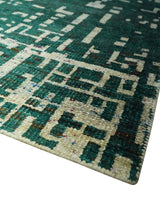 Modern Abstract 5x7.6 Hand Knotted Green and Beige Contemporary Recycled Silk Rug