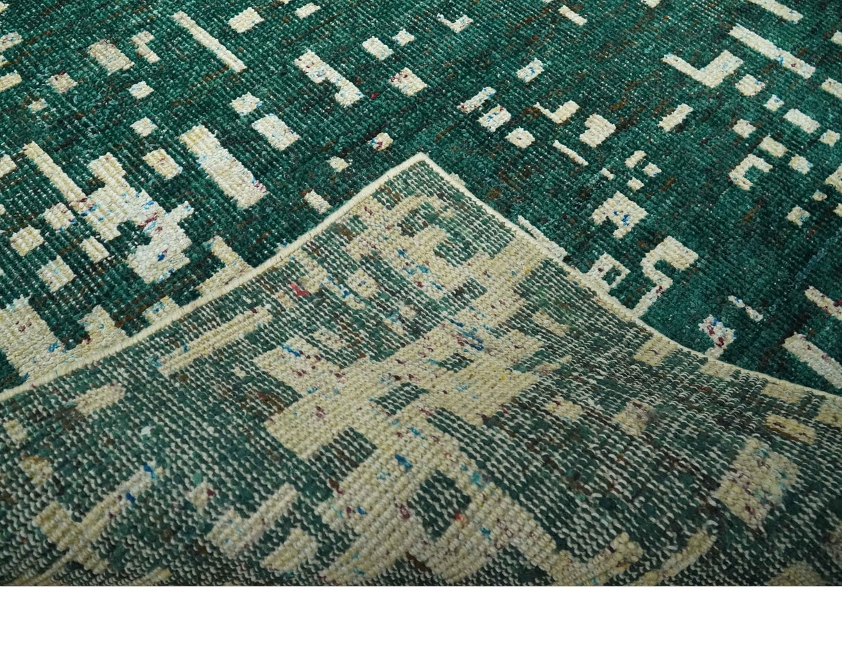 Modern Abstract 5x7.6 Hand Knotted Green and Beige Contemporary Recycled Silk Rug