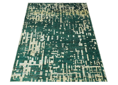 Modern Abstract 5x7.6 Hand Knotted Green and Beige Contemporary Recycled Silk Rug
