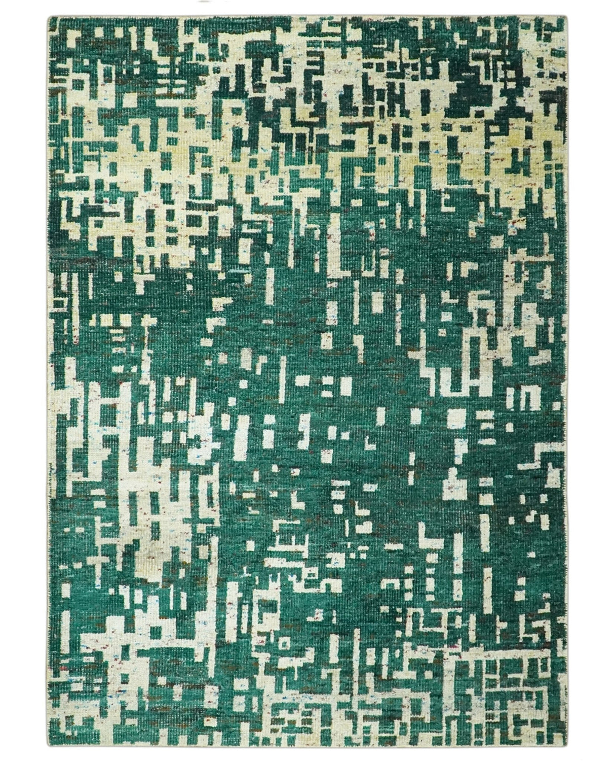 Modern Abstract 5x7.6 Hand Knotted Green and Beige Contemporary Recycled Silk Rug