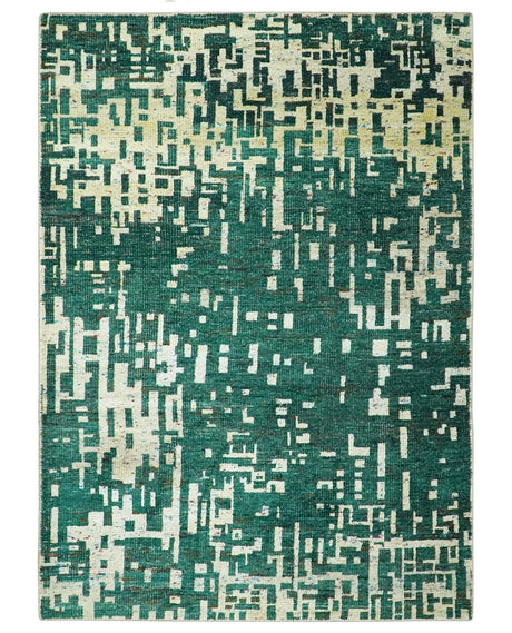 Modern Abstract 5x7.6 Hand Knotted Green and Beige Contemporary Recycled Silk Rug