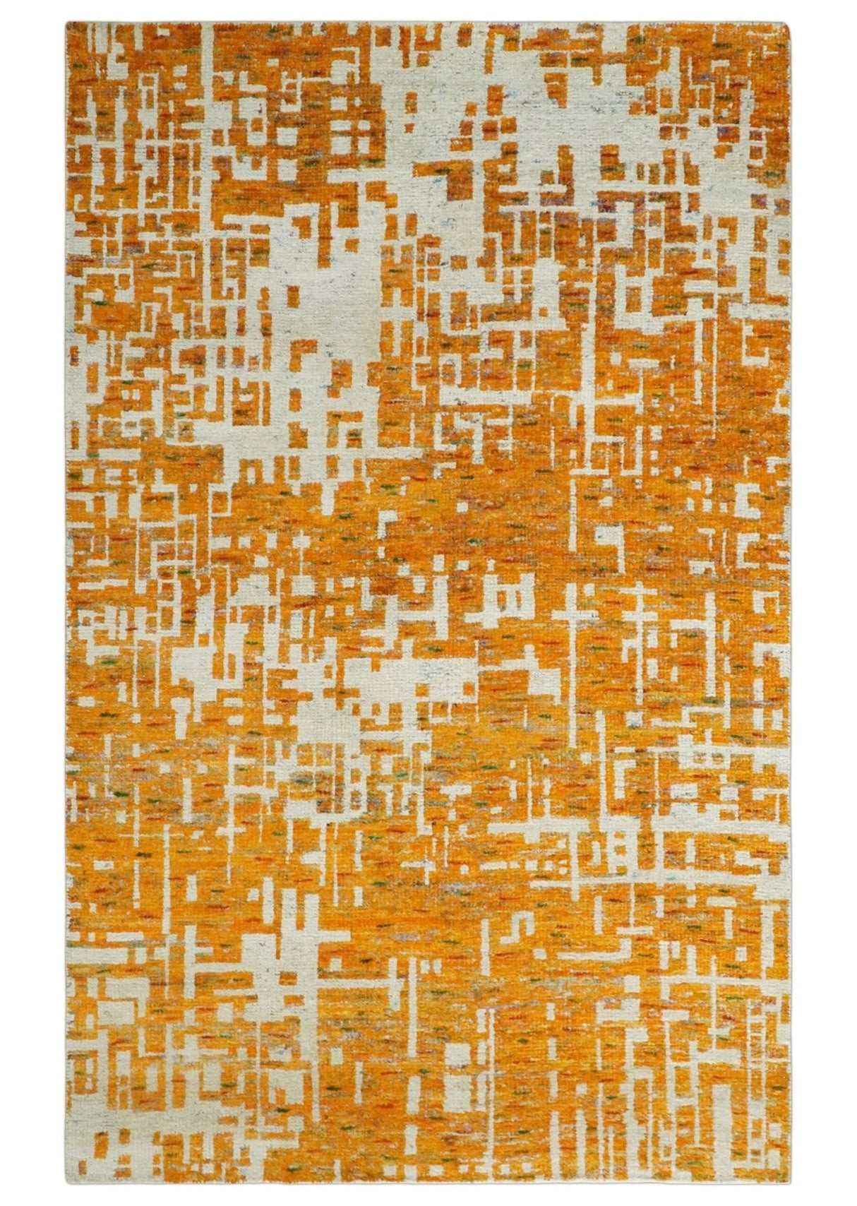 Modern Abstract 5x8 and 5.5x8.5 Gold and Ivory Recycled Art Silk Area Rug-Area Rug-Parc Decor