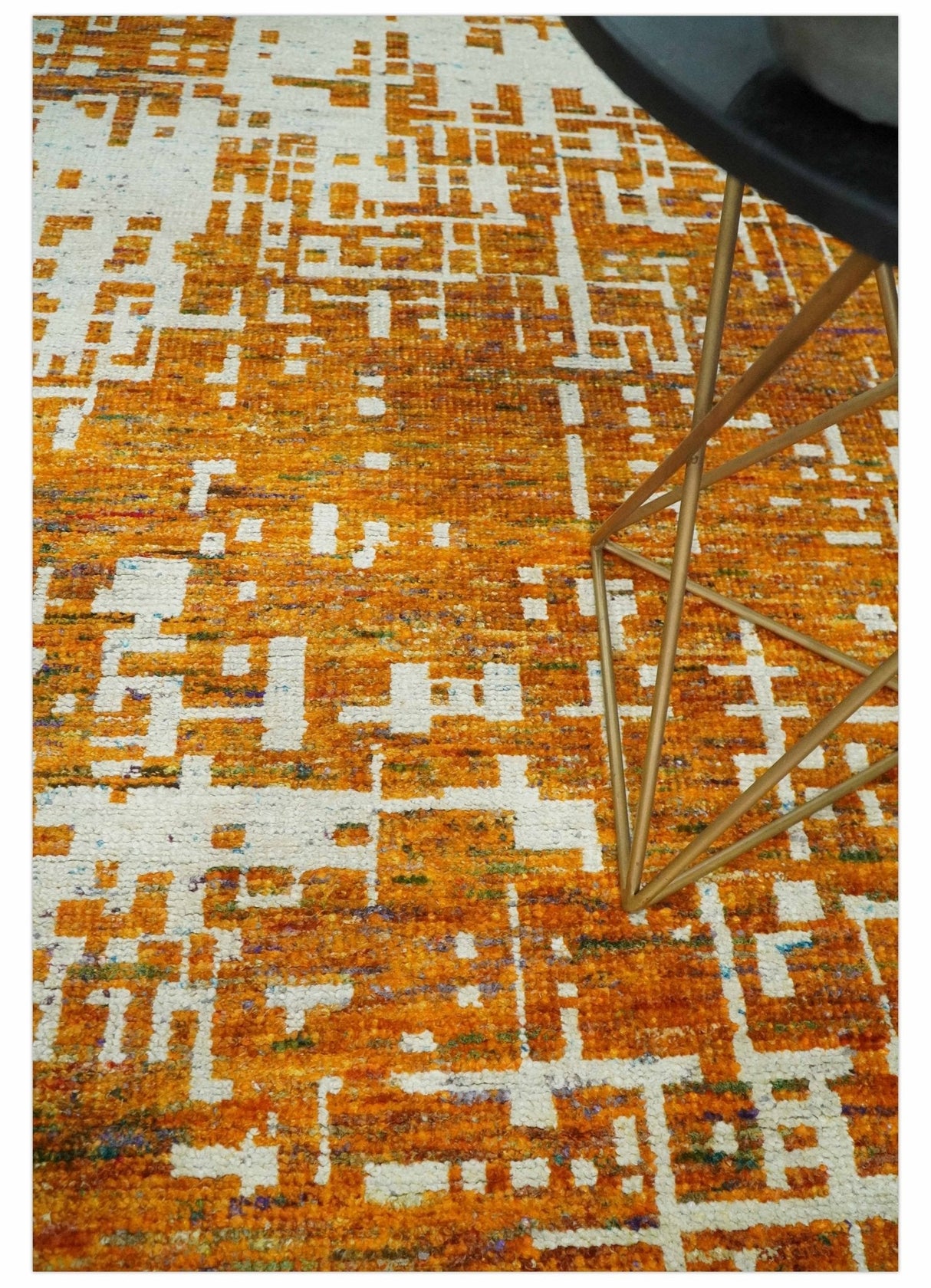 Modern Abstract 5x8 and 5.5x8.5 Gold and Ivory Recycled Art Silk Area Rug-Area Rug-Parc Decor