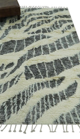 Modern Abstract 5x8 Ivory and Charcoal Texture Moroccan Style Plush Pile wool Rug