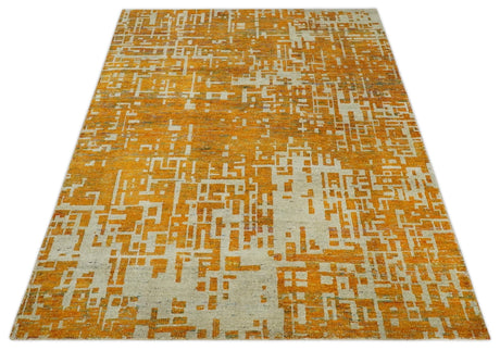 Modern Abstract 6x9 Gold and Ivory Recycled Art Silk Area Rug