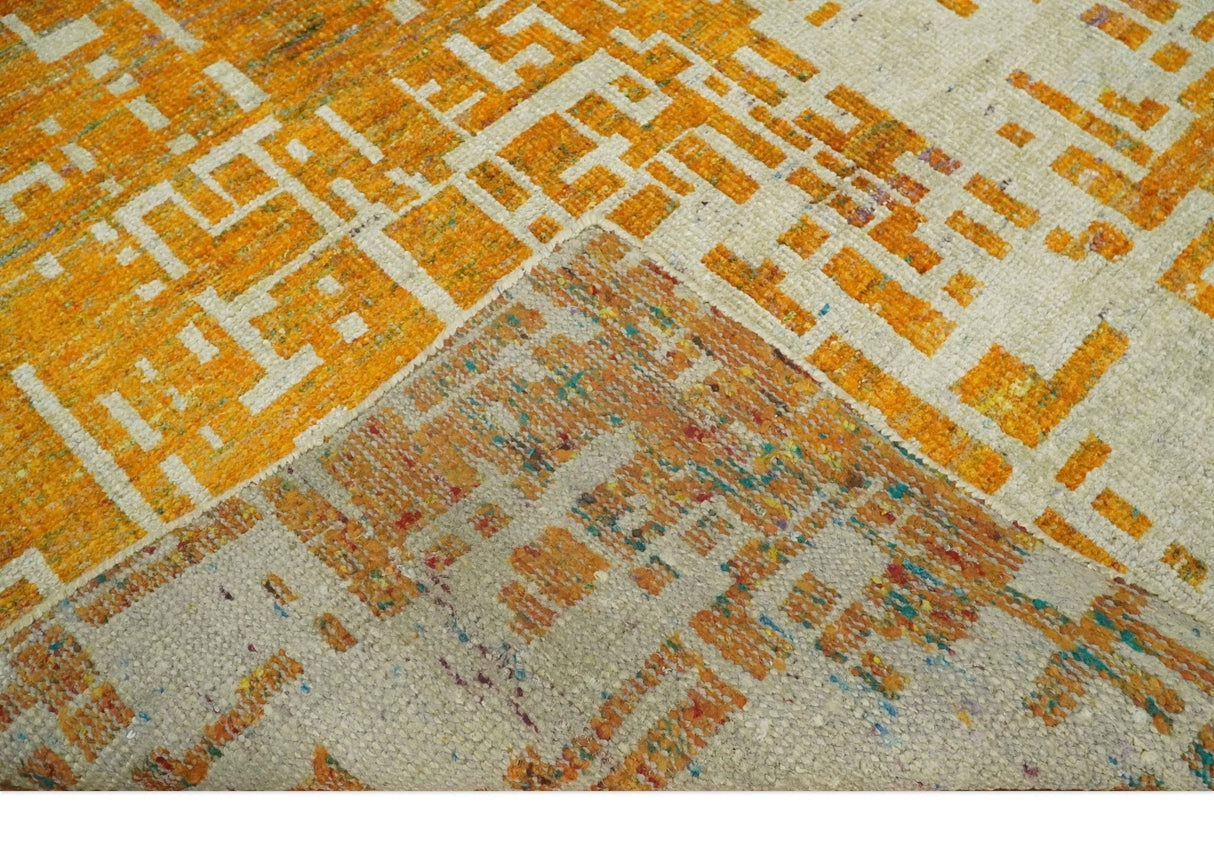 Modern Abstract 6x9 Gold and Ivory Recycled Art Silk Area Rug