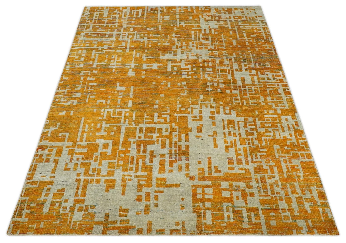 Modern Abstract 6x9 Gold and Ivory Recycled Art Silk Area Rug-Area Rug-Parc Decor